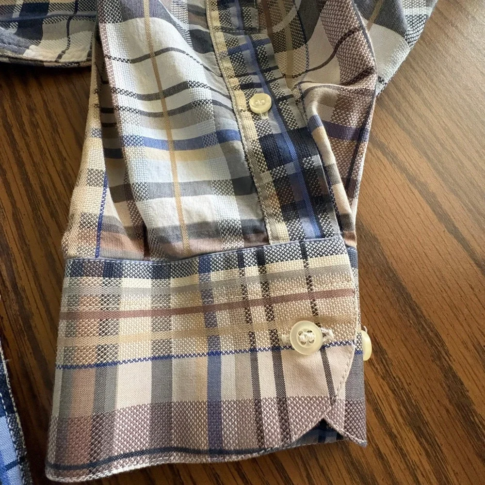 St. Croix Men‎ Button Down Shirt Large Tan Blue Plaid Cotton Italy Pocket EUC!